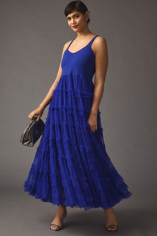 anthropologie tiered tulle maxi dress By Anthropologie Ruffle-Sleeve V-Neck Embroidered Tulle Tiered Maxi Dress