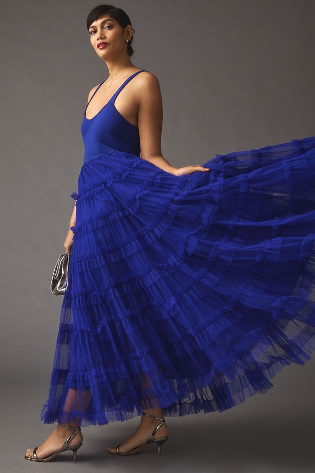 anthropologie blue tulle dress Let Me Be Tiered Tulle Dress