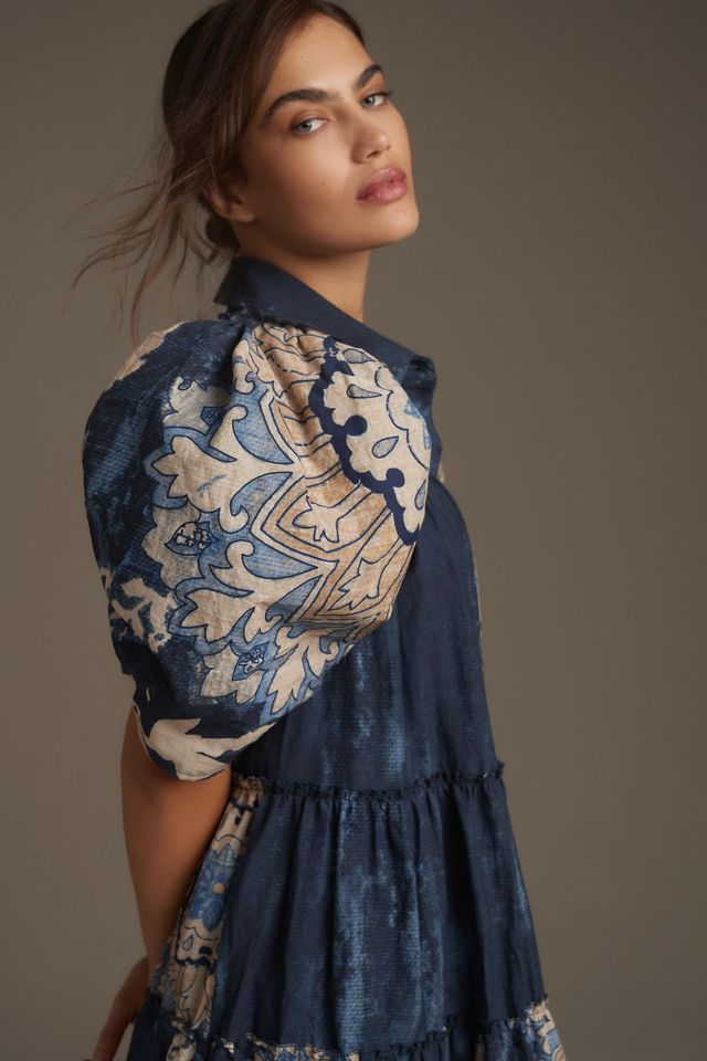 let me be denim patchwork shirt dress Let Me Be Puff-Sleeve Patchwork Shirt Dress