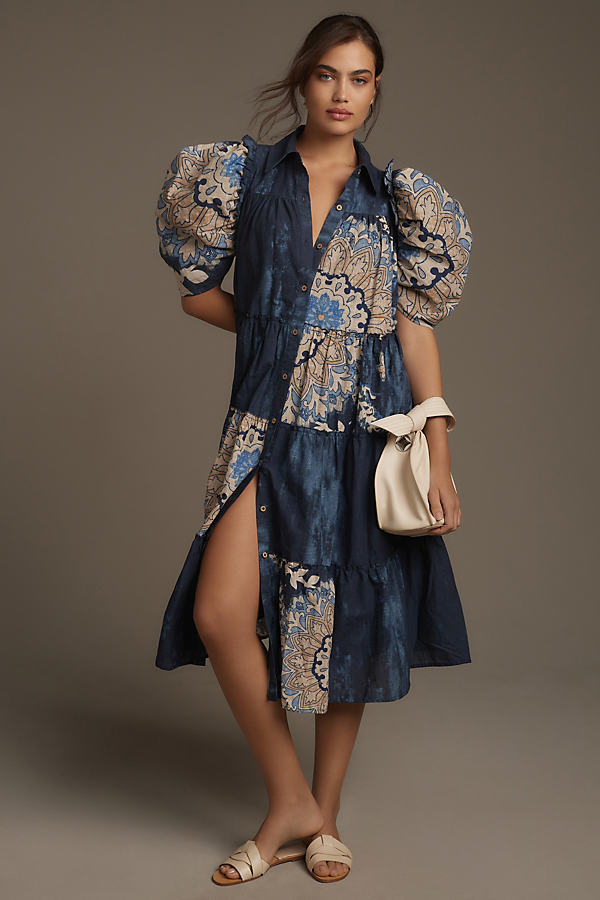 Let Me Be Puff-Sleeve Patchwork Cotton Midi Shirt Dress