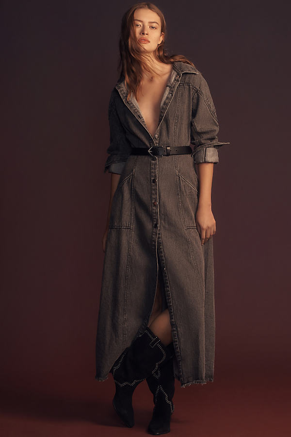 Anthropologie Long-sleeve Denim Maxi Shirt Dress In Grey