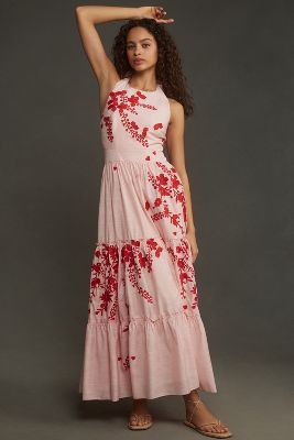 Let Me Be Halter Floral Embroidered Maxi Dres In Pink