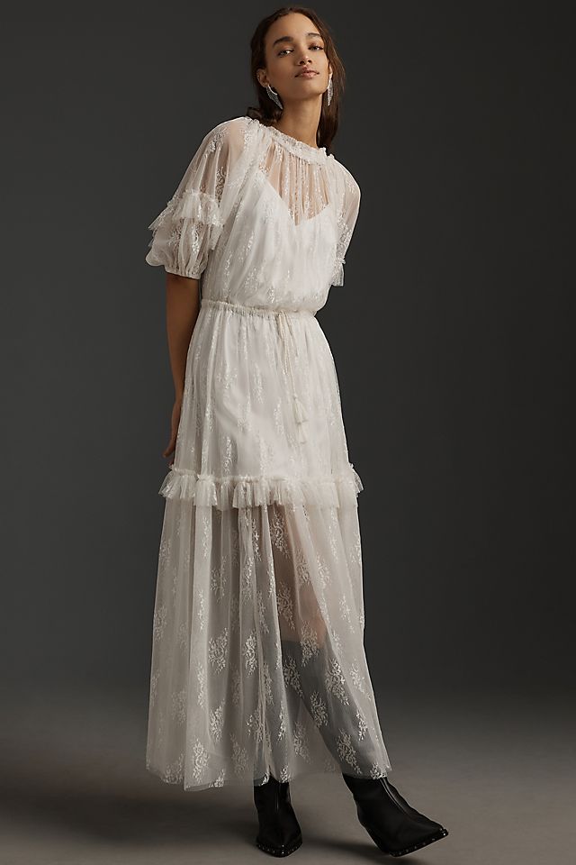 ruffle maxi dress with sleeves Soft Lime Empire Sleeve Tiered ruffle maxi dress Long puff sleeves V Maje Ruffled maxi dress in