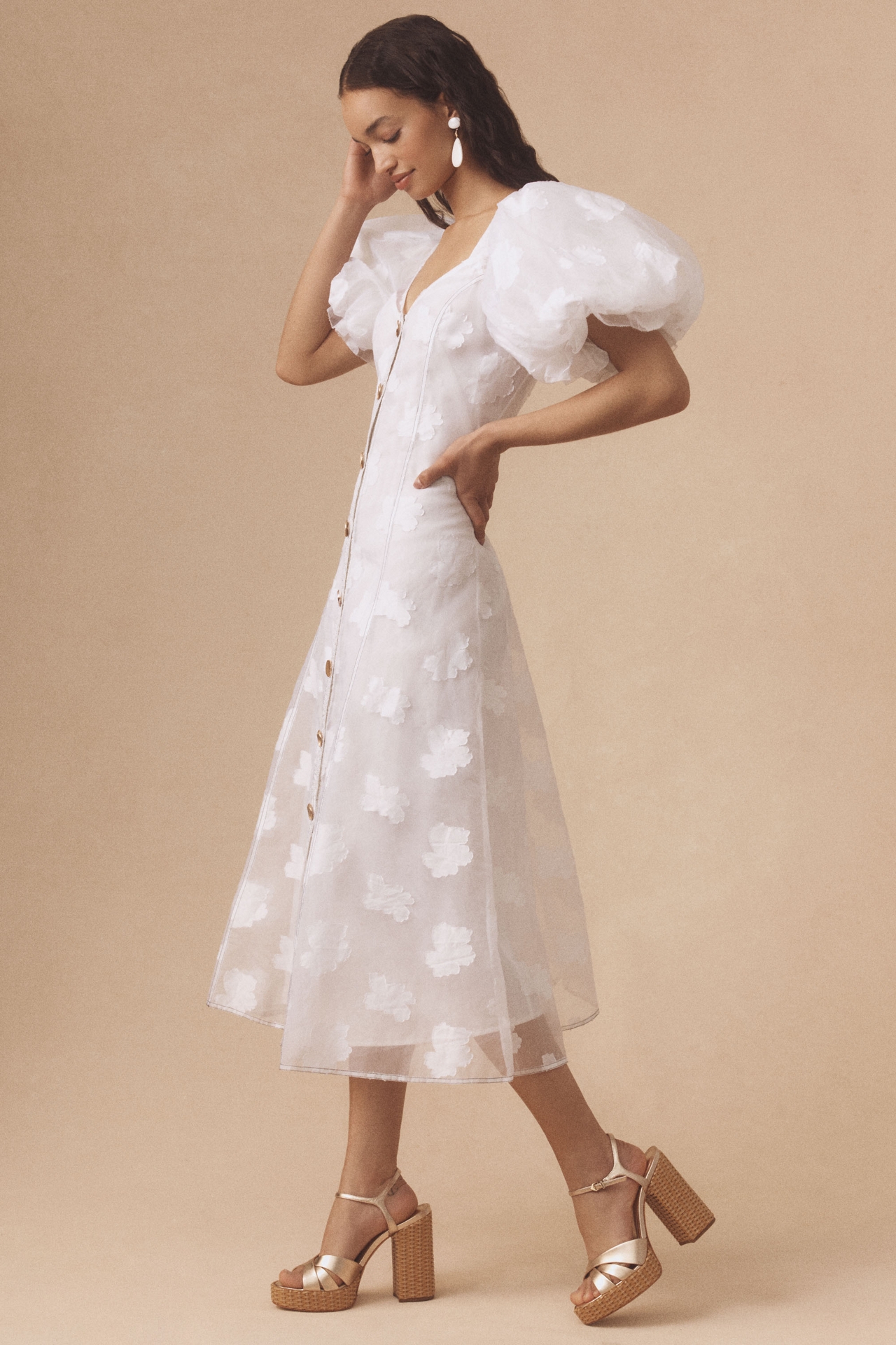 Let Me Be Puff-Sleeve Sheer Midi Dress