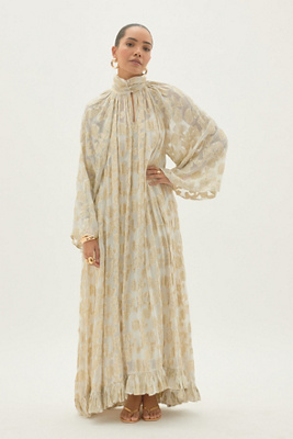 By Anthropologie Jacquard High-Neck Ruffle Maxi Dress