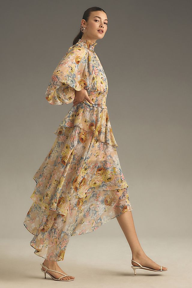 asymmetrical neckline dress with sleeves Chic Asymmetrical Neck Ruffles Pleated Dress for Modern Elegance – AOMEI DRESS main image 0