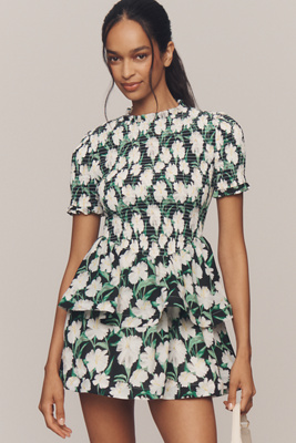Elliatt Rosey Short-sleeve Smocked Mini Dress In Green