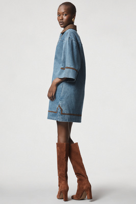 Curaae Rhea Short-sleeve V-neck Denim Mini Dress In Blue