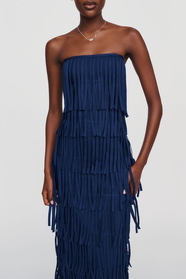 Curaae Yelena Strapless Fringe Midi Dress #3