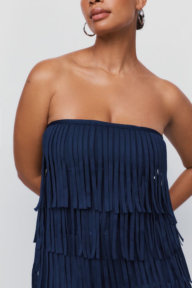 Curaae Yelena Strapless Fringe Midi Dress #6