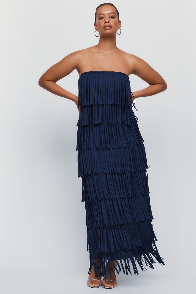 Curaae Yelena Strapless Fringe Midi Dress #4
