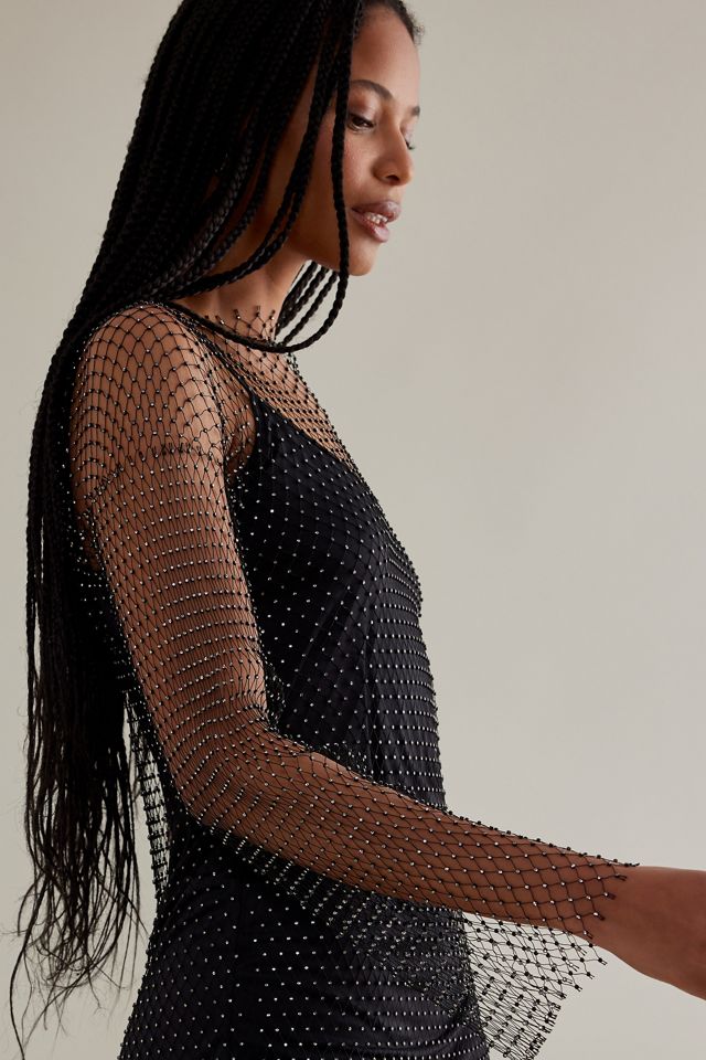 Second Female Gloss Beaded Long-Sleeve Fishnet Mesh Midi Dress #1