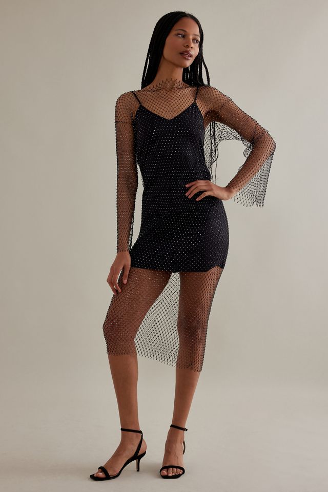 Second Female Gloss Beaded Long-Sleeve Fishnet Mesh Midi Dress #2