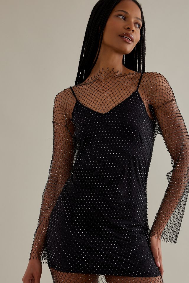 Second Female Gloss Beaded Long-Sleeve Fishnet Mesh Midi Dress #4