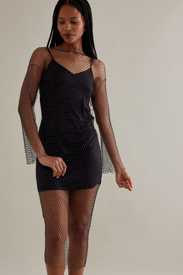 Tall Black Fishnet Mesh Long Sleeve Midi Dress
