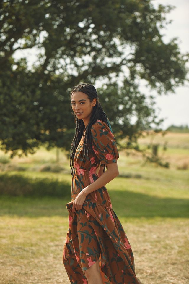 floral a-line maxi dress anthropologie Anthropologie Navy Floral Quilted Bodice Maxi Dress A Line M Long