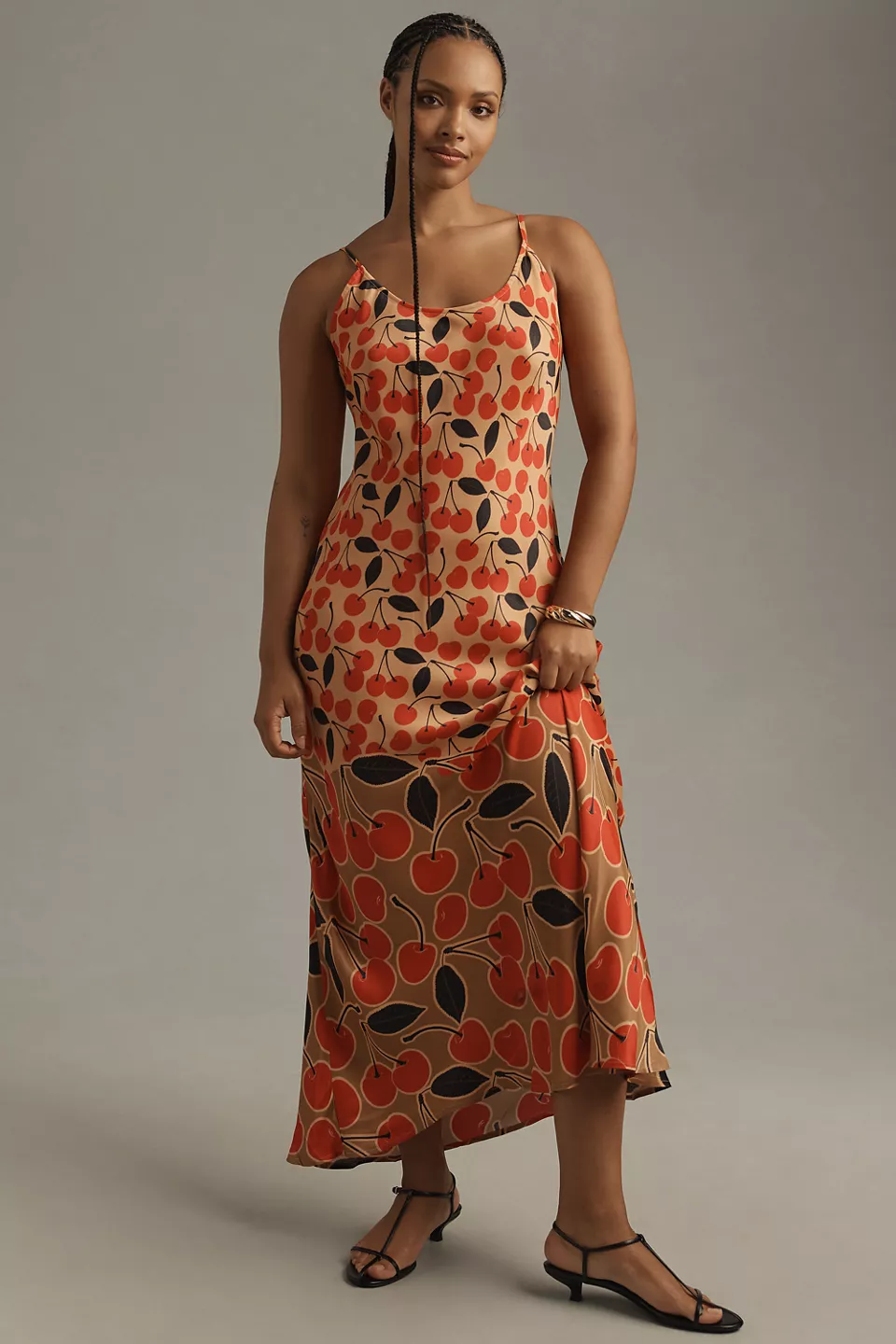 A plus-size cherry-print slip dress