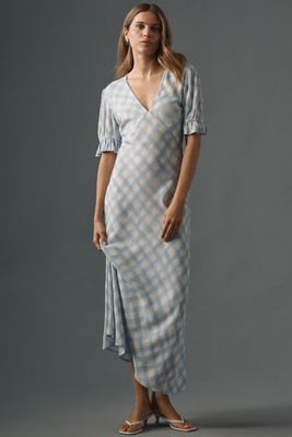 Conditions Apply Eniya Linen Blend Short-sleeve V-neck Slip Maxi Dress In Blue