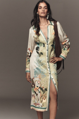 Bl-nk Ferlina Long-sleeve Midi Shirt Dress In Green