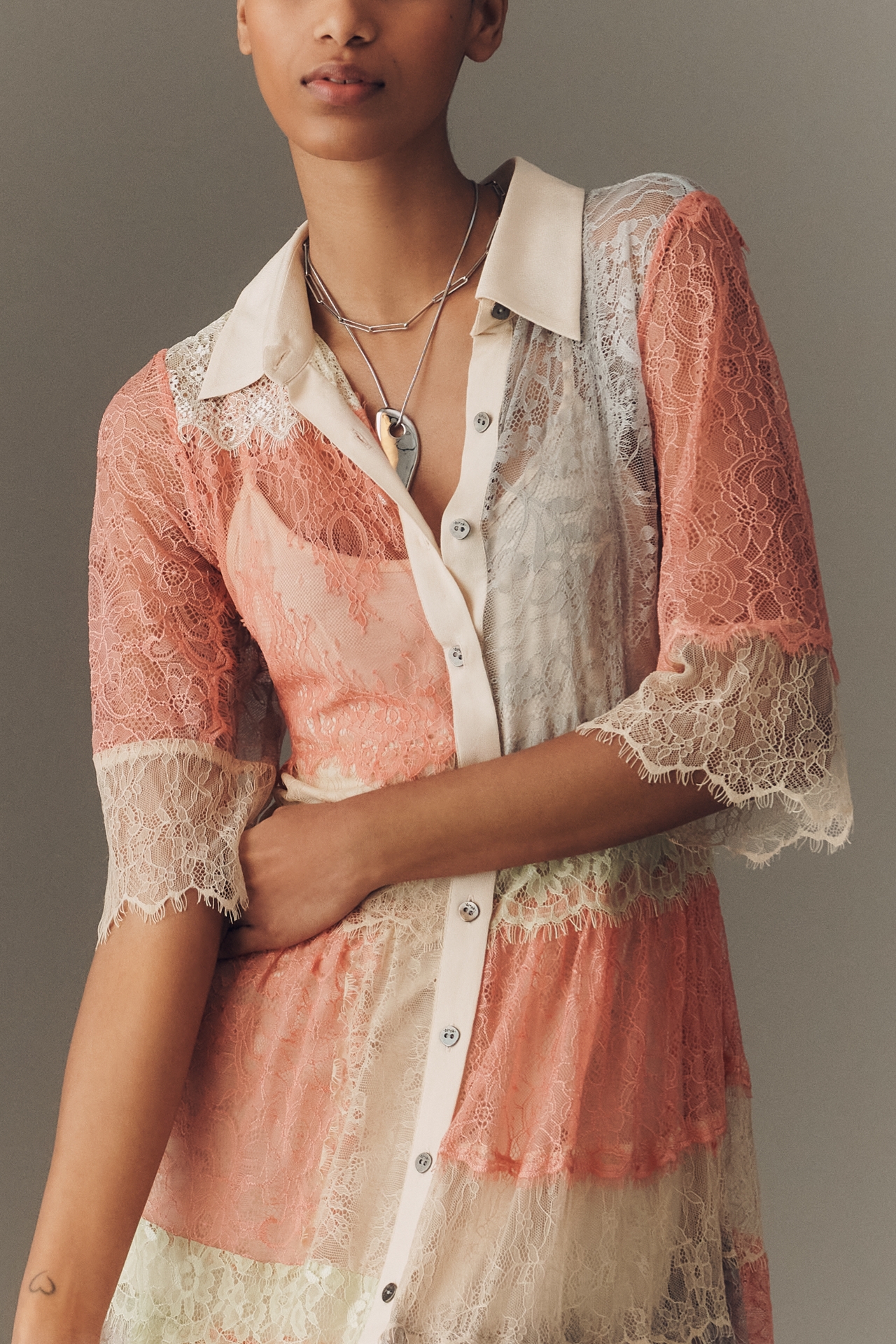 Bl-nk Rustica Short-Sleeve Lace Midi Shirt Dress