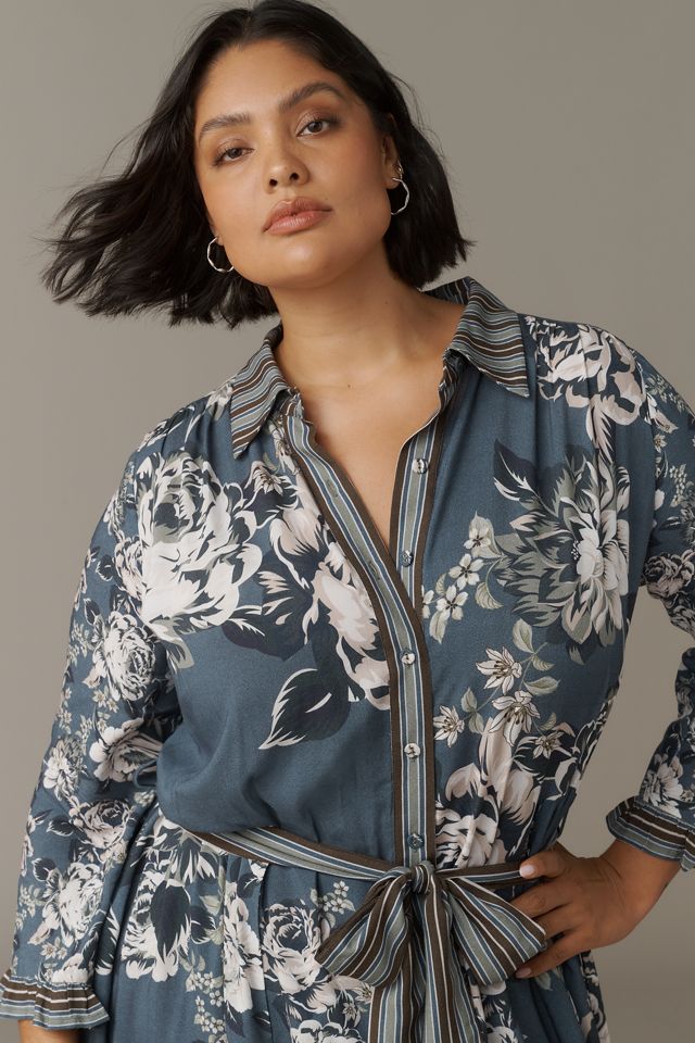 knee length dresses for ladies Linen Blend Floral Midi Shirt Dress | Shirt Dress main image 0