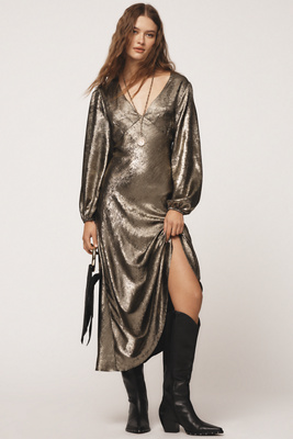 Glamorous Long-sleeve V-neck Metallic Midi Dress In Gold