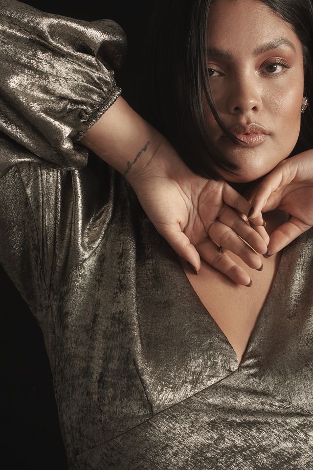 Glamorous Long-Sleeve V-Neck Metallic Midi Dress #6