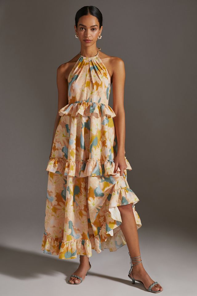 anthropologie ruffled floral maxi dress Conditions Apply Anthropologie Ruffled Floral Maxi Dress Yellow Pink  Women's XS