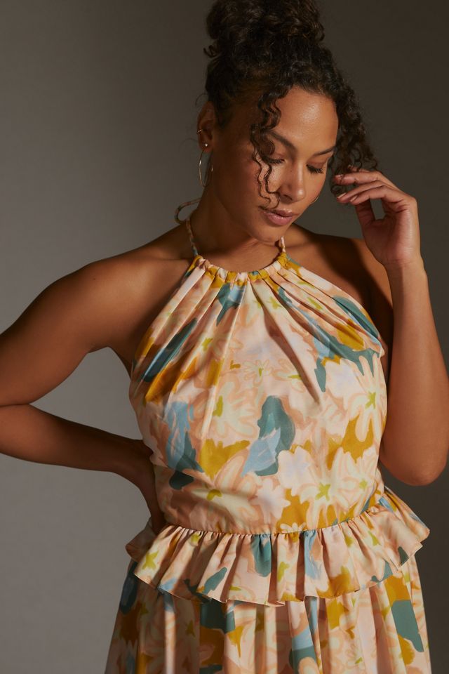 chinese dress ladies Anthropologie Floral Printed Ruffle Maxi Long Dress  White Chocolate  Couture