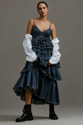 geisha designs square-neck cutout denim dress Denim Square Neck Ruffled Sleeve Side Cut Out Dress *FINAL SALE*