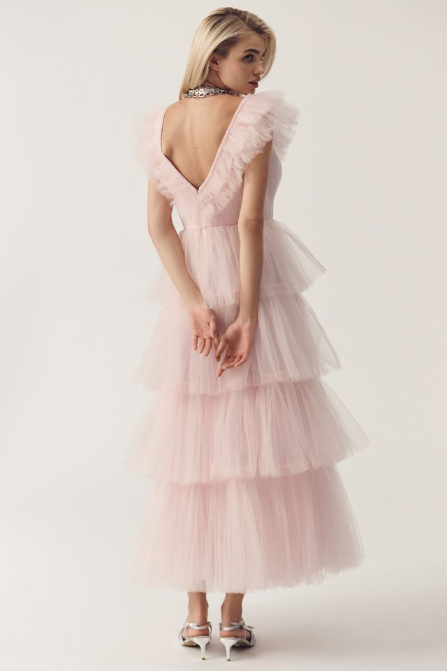 Geisha Designs V-Neck Tulle Ruffle Maxi Dress #1