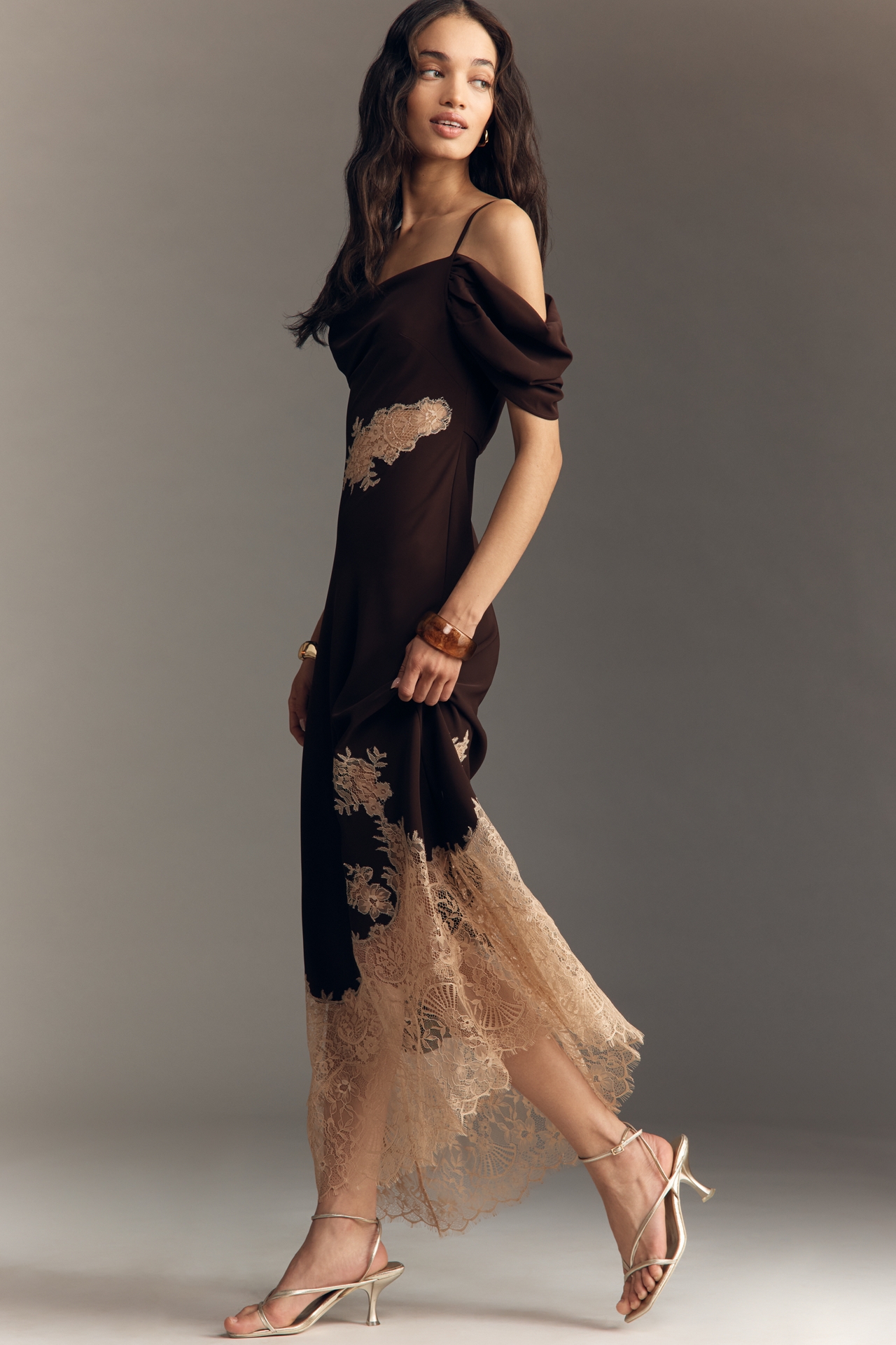 Bl-nk Satin Off-Shoulder Lace Midi Dress