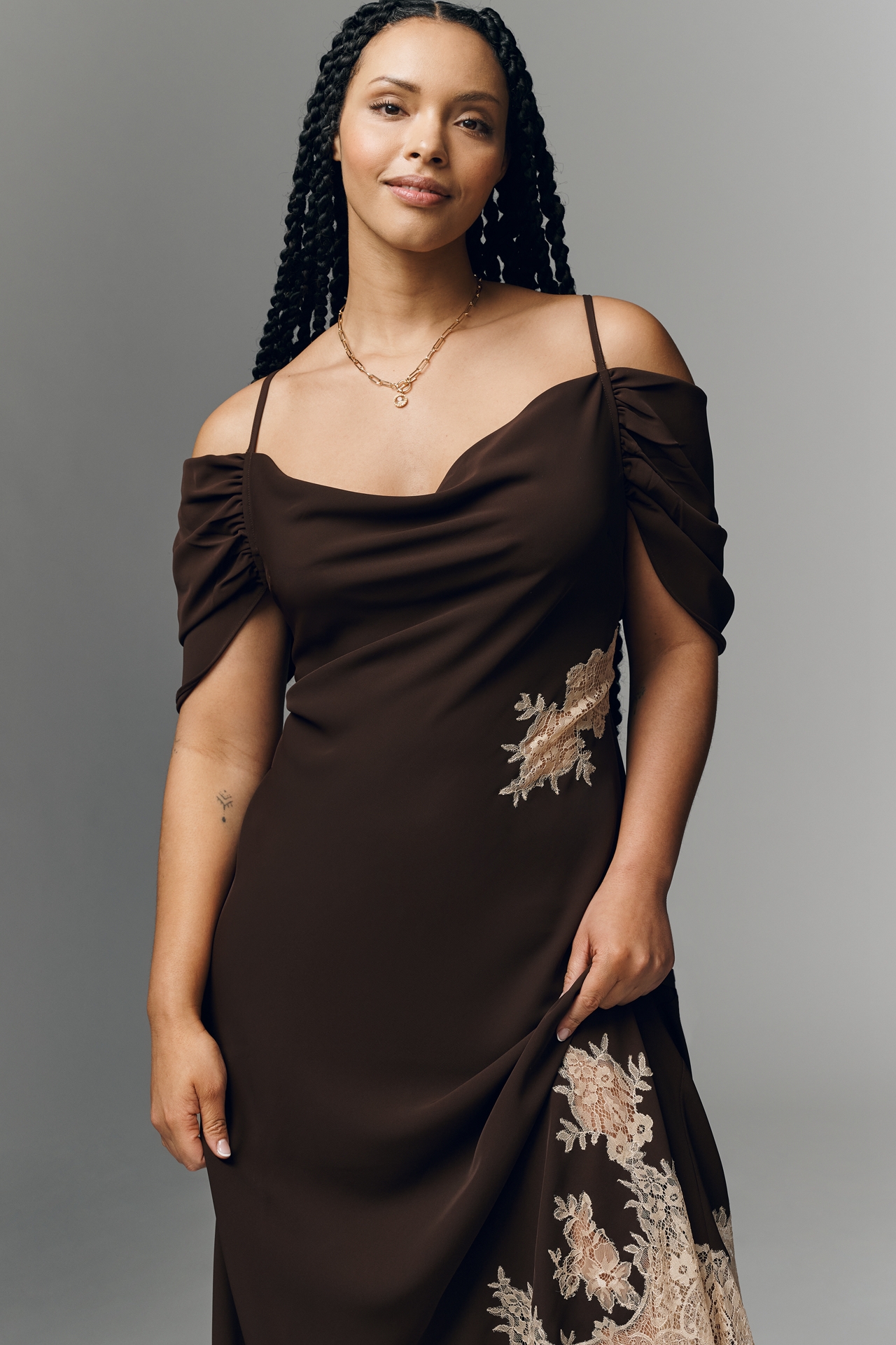 Bl-nk Satin Off-Shoulder Lace Midi Dress