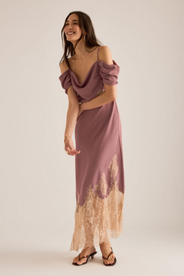 Bl-nk Satin Off-Shoulder Lace Midi Dress