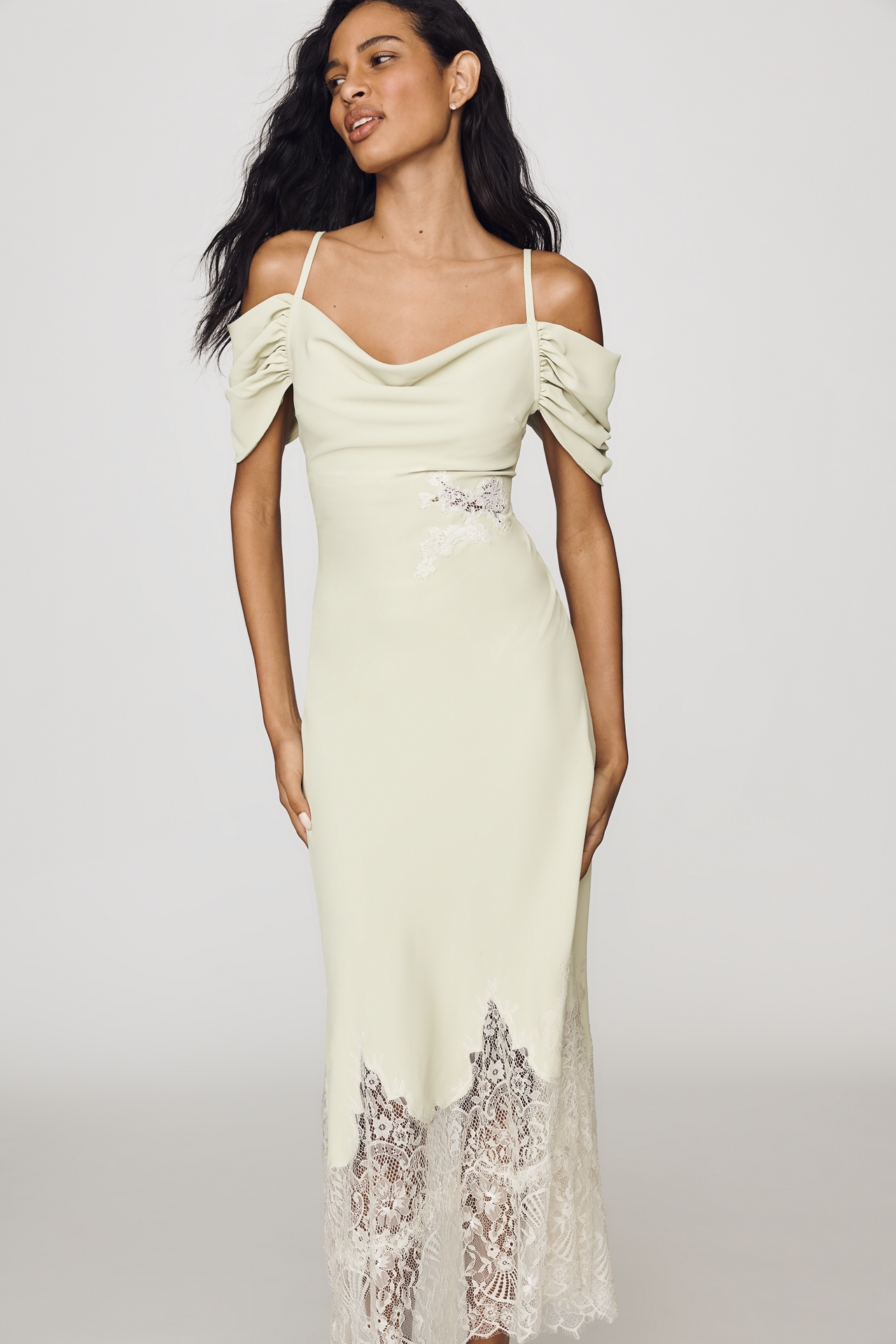 Bl-nk Satin Off-Shoulder Lace Midi Dress