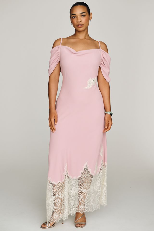 Bl-nk Satin Off-Shoulder Lace Midi Dress | Anthropologie
