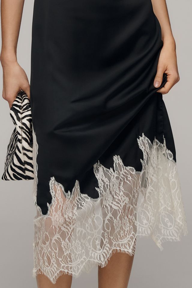 Lace-Trim Midi Slip Dress by Bl-nk in Black, Size: L Petite at Anthropologie