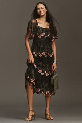 Bl-nk Emryn Embroidered Square-neck Midi Dress In Black
