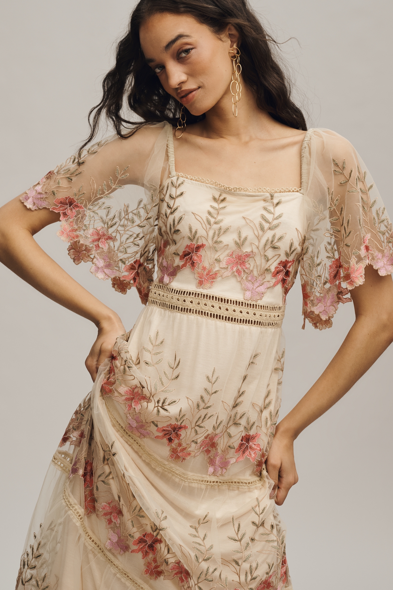 Bl-nk Emryn Embroidered Square-Neck Midi Dress