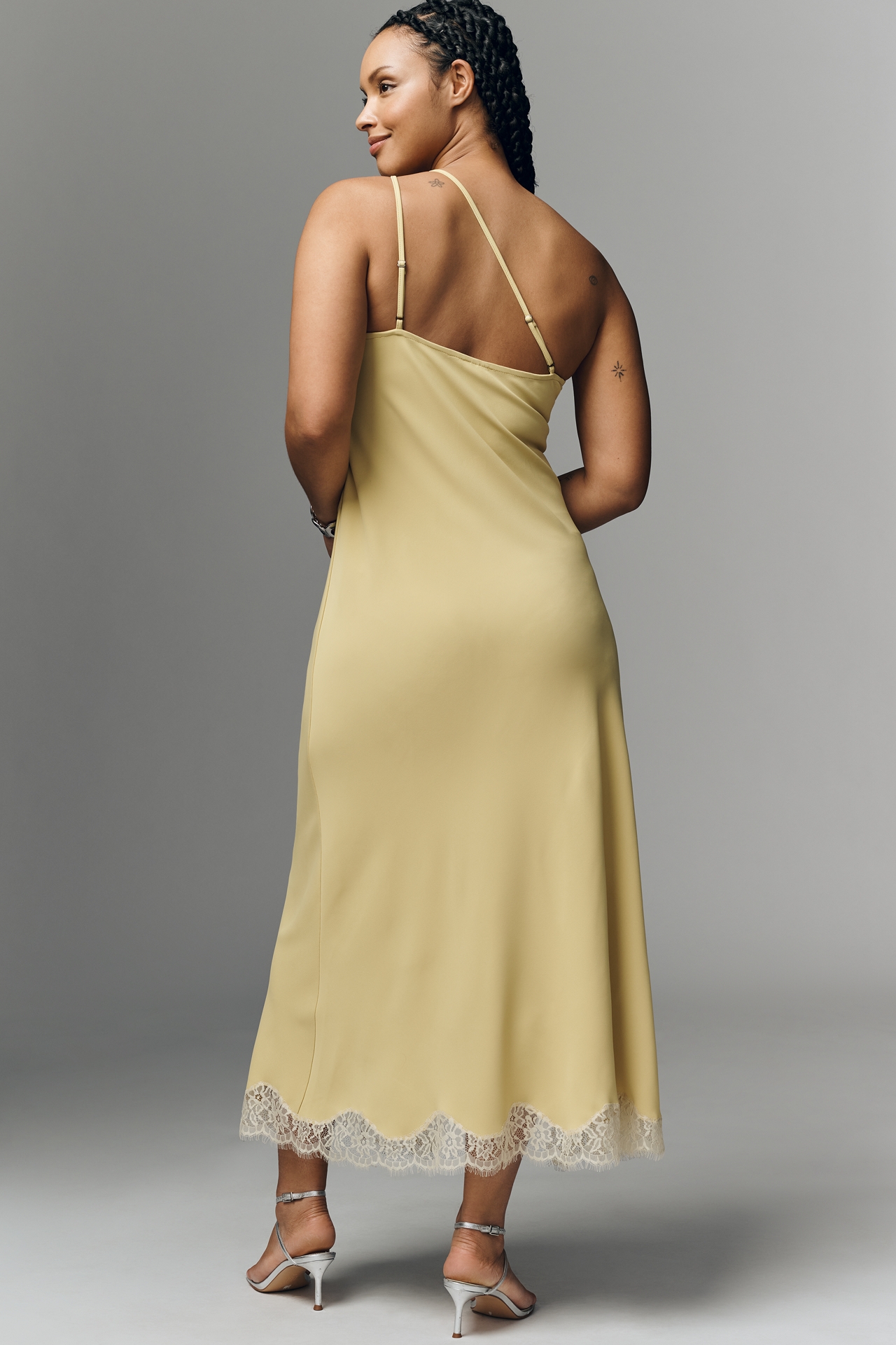 Bl-nk Satin One-Shoulder Lace Midi Dress