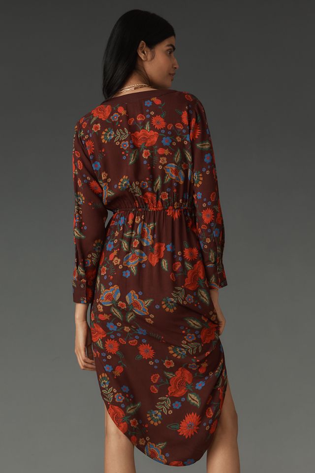 Rikke Long-Sleeve Button-Front Midi Dress by Bl-Nk in Brown, Size: Xs Petite at Anthropologie