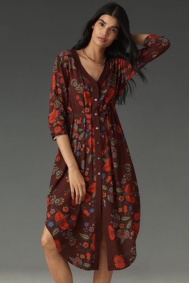 chinese dress ladies Long Sleeve Button Front Collared Midi Dress With Tied Waist main image 0