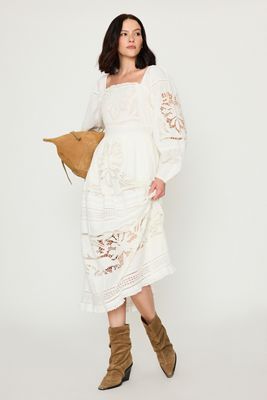 Bl-nk Cutwork Long-Sleeve 100% Cotton Midi Dress