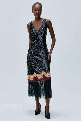 Bl-nk Rebecca Sequined Lace Trim Midi Dress