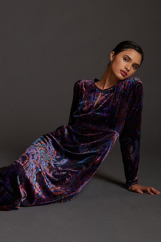 burnout velvet dress Long Sleeve V Neck Gown Crafted from luxurious velvet fabric Burnout Velvet Maxi Dress |