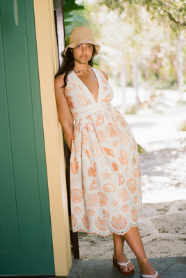 maeve sunset embroidered midi dress Maeve Square-Neck Satin Stretch Midi Dress – katie + hubbell main image 1