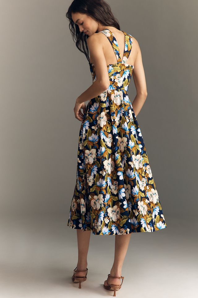 slim fit dress slacks Maeve Pleated Midi Dress: Floral Midi Dress, Sundress, Plisse Dress, Blue  Midi, Green Midi, Summer Dress main image 0