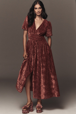 By Anthropologie The Katerina Button-front Dress: Velvet Edition In Red