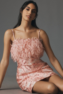 By Anthropologie Strapless Feathered Metallic Mini Dress