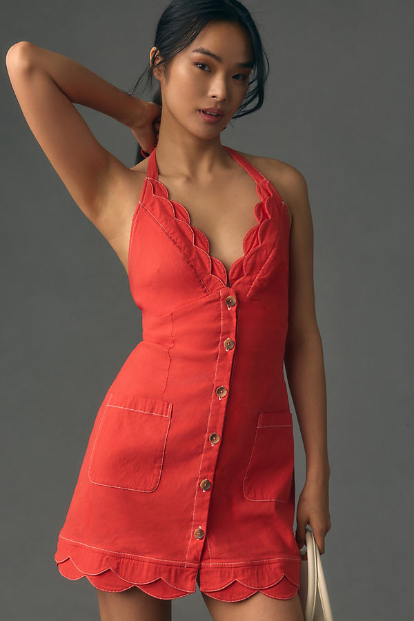 Shop Maeve Halter V-neck Scallop Mini Dress In Red